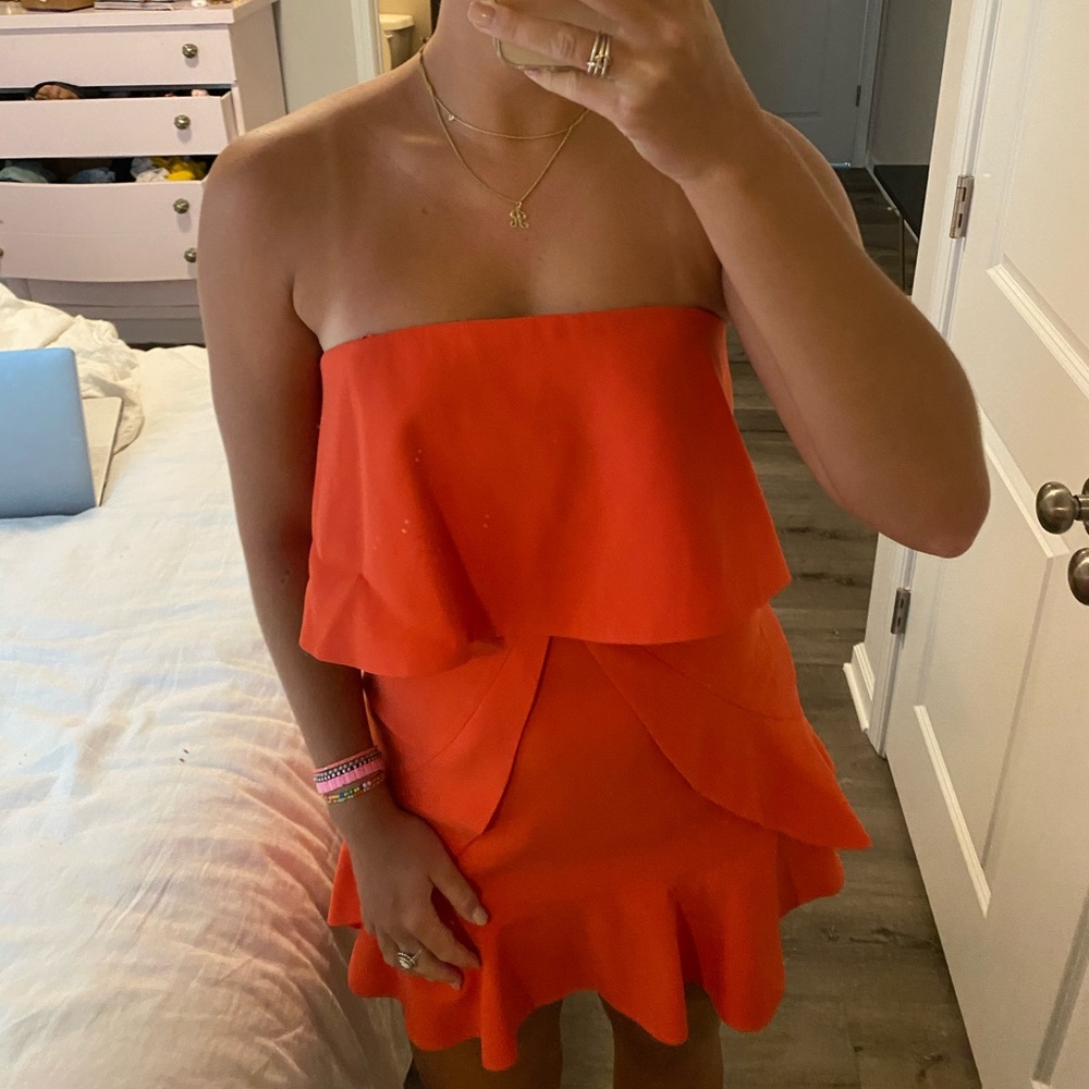 BCBG Charlotte mini ruffle dress in poinsettia